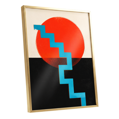 Electric Sunset Steps, red, blue, black abstract wall art shown as a gold framed poster wall art print