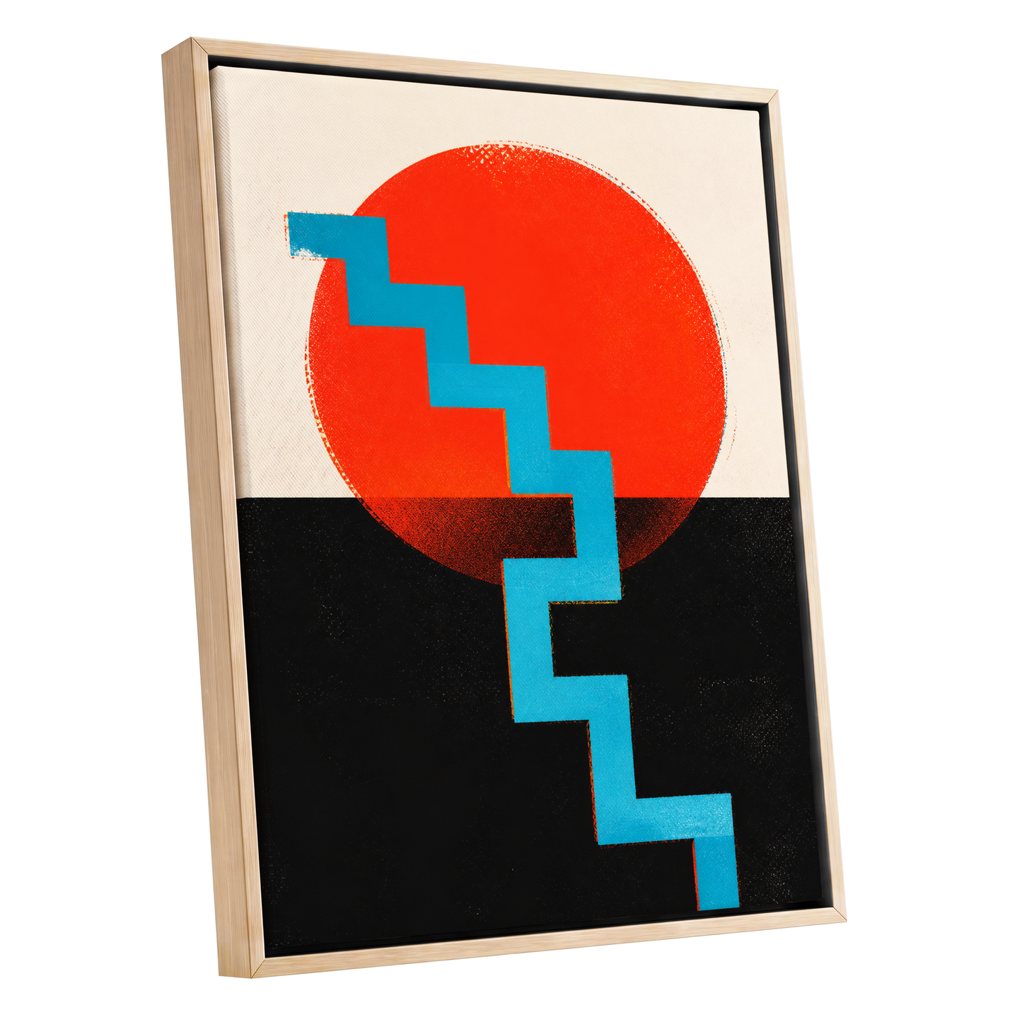Electric Sunset Steps, red, blue, black abstract wall art shown as a oak framed canvas wall art