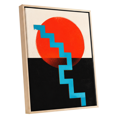 Electric Sunset Steps, red, blue, black abstract wall art shown as a oak framed canvas wall art