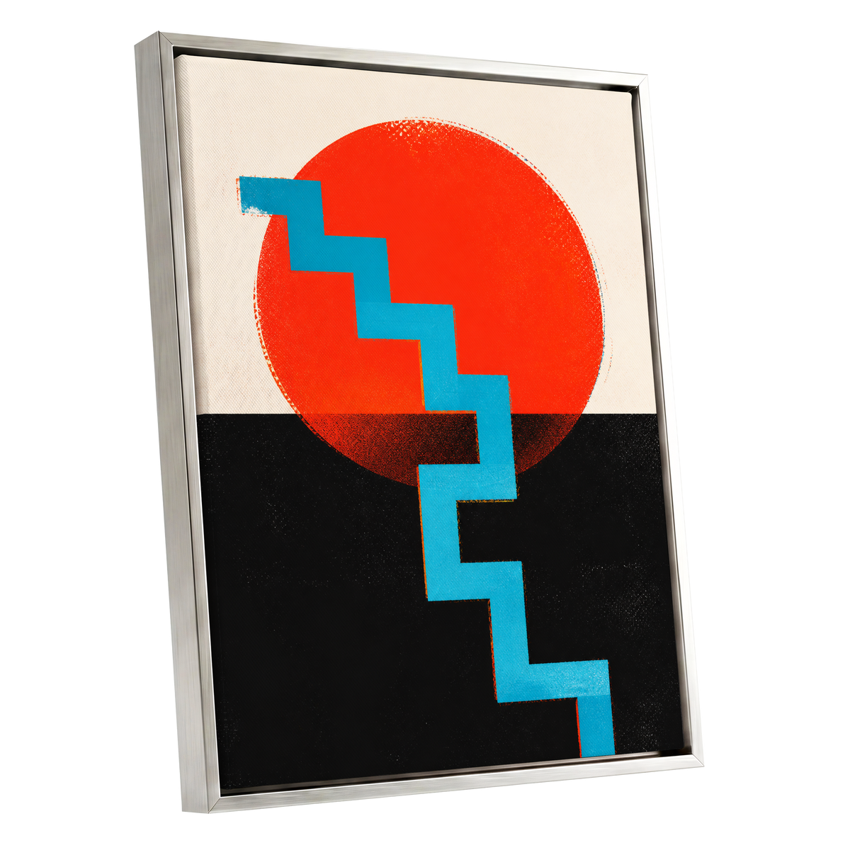 Electric Sunset Steps, red, blue, black abstract wall art shown as a silver framed canvas wall art