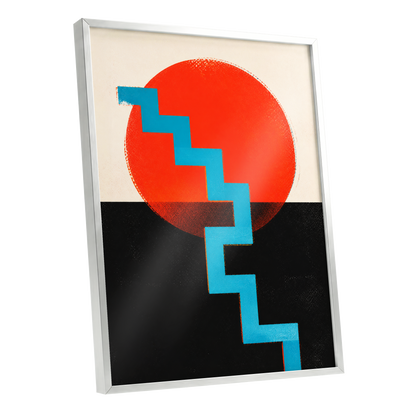 Electric Sunset Steps, red, blue, black abstract wall art shown as a silver framed poster wall art print