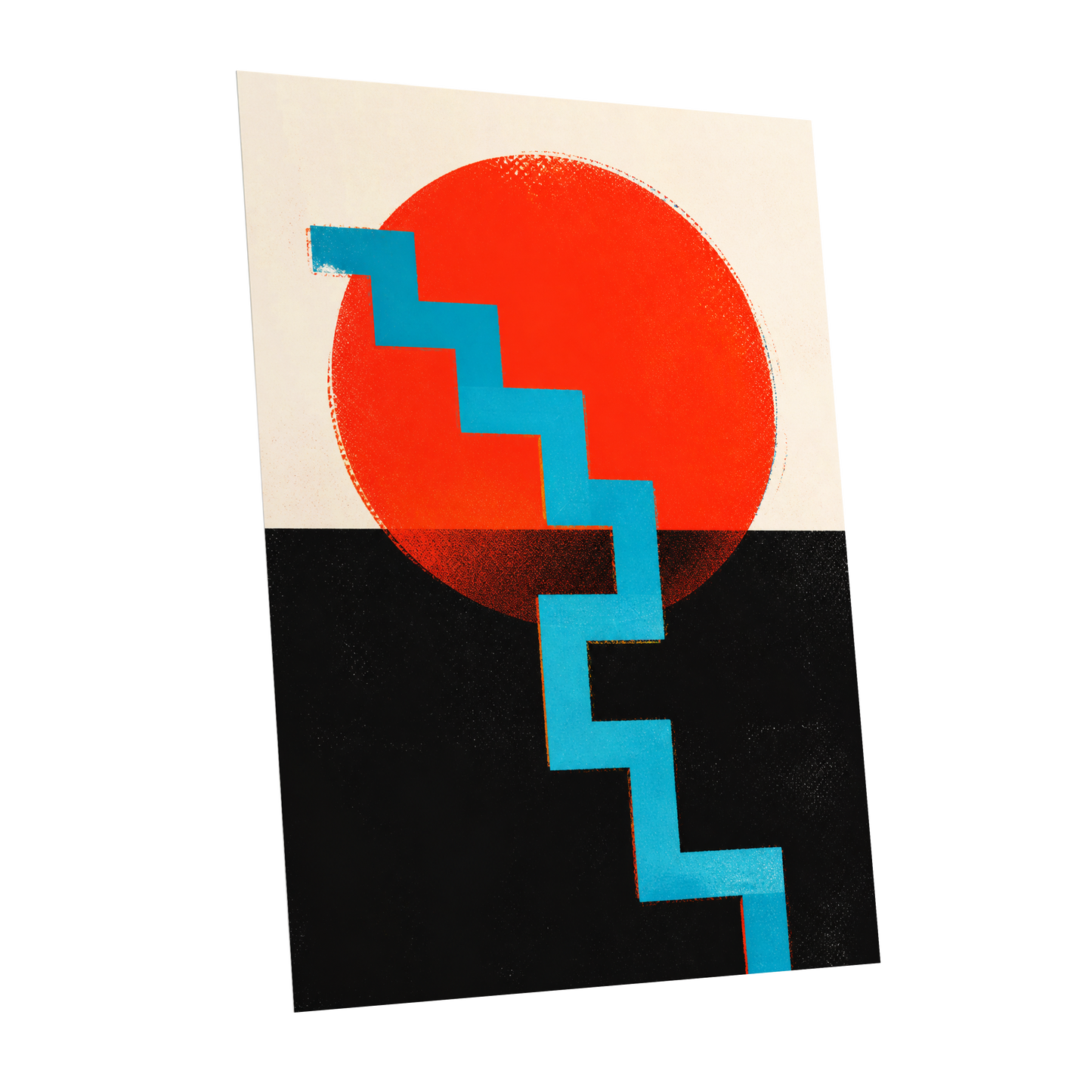 Electric Sunset Steps, red, blue, black abstract wall art shown as a unframed poster wall art print