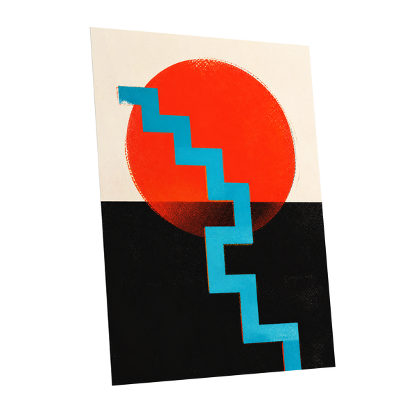 Electric Sunset Steps, red, blue, black abstract wall art shown as a unframed poster wall art print