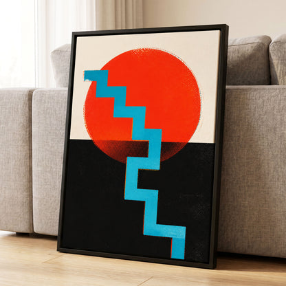 Electric Sunset Steps, red, blue, black abstract wall art displayed in a styled interior, gallery view 1
