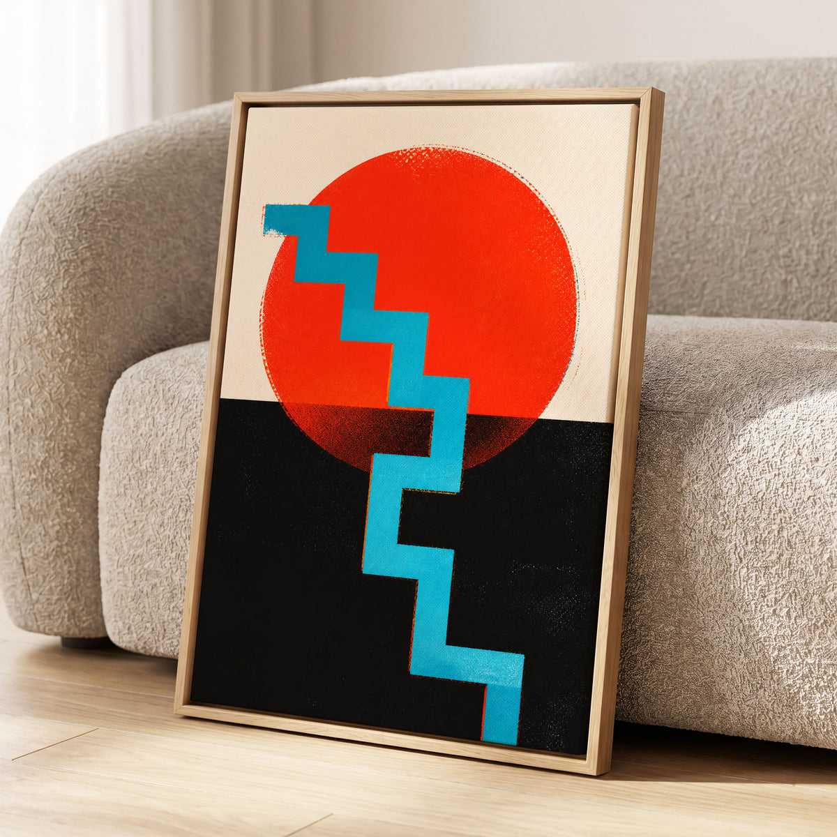 Electric Sunset Steps, red, blue, black abstract wall art displayed in a styled interior, gallery view 2