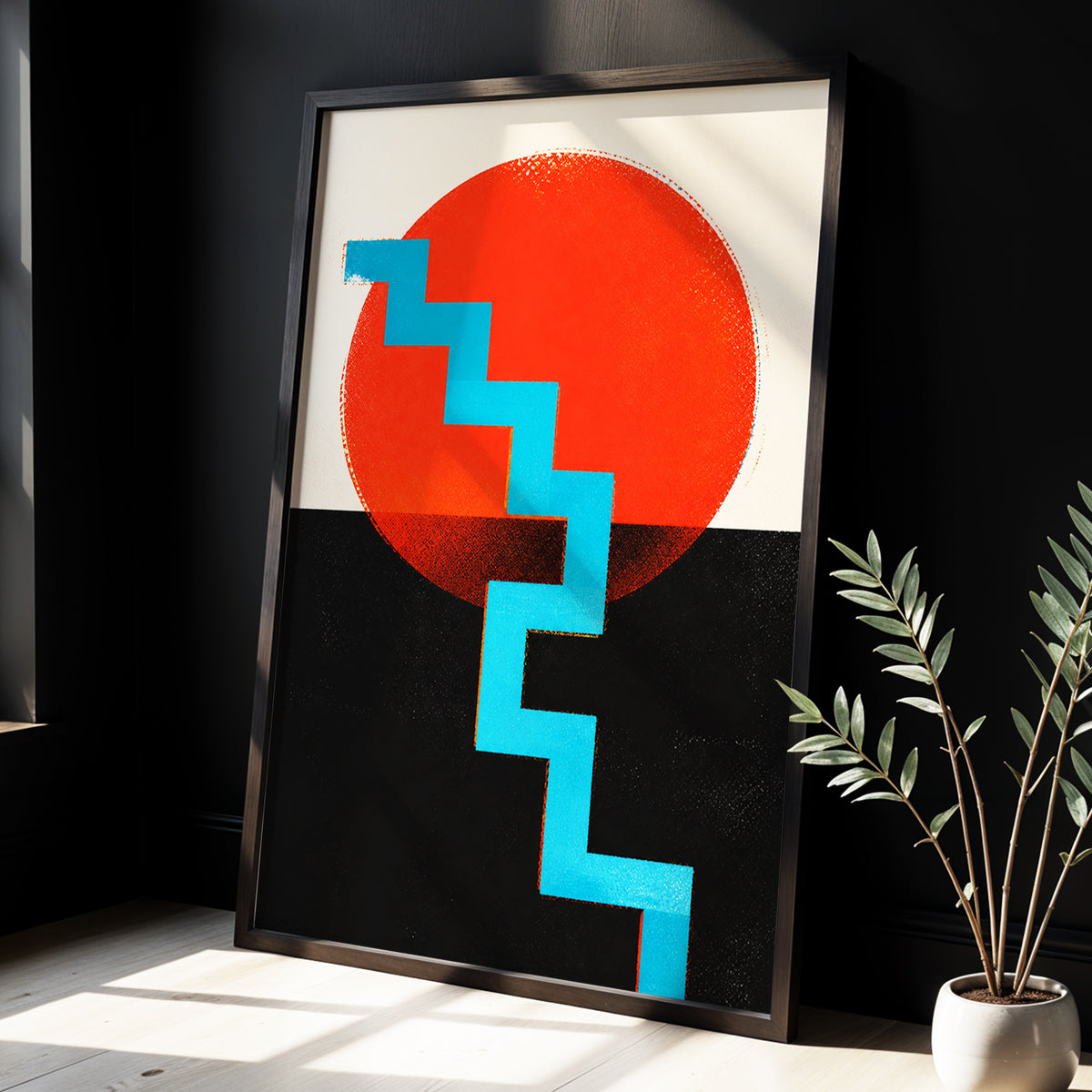 Electric Sunset Steps, red, blue, black abstract wall art displayed in a styled interior, gallery view 3