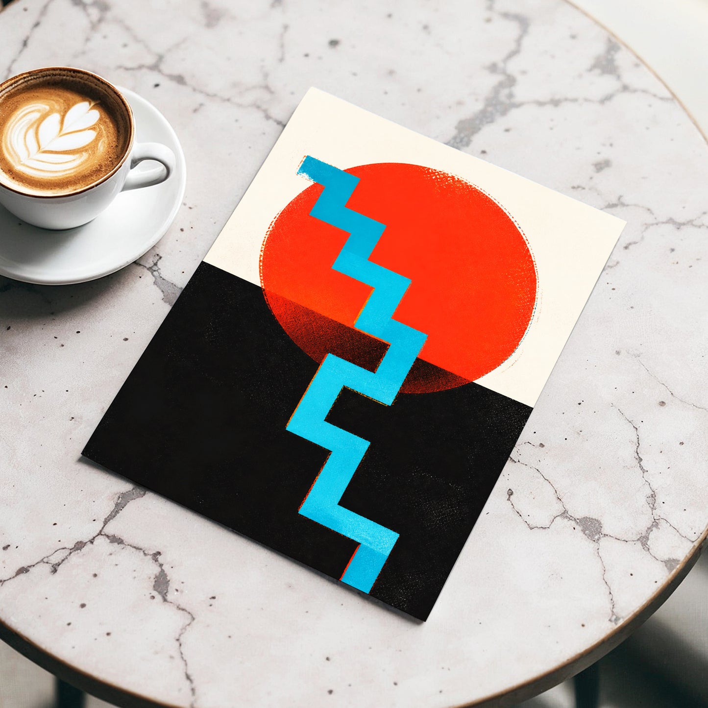 Electric Sunset Steps, red, blue, black abstract wall art displayed in a styled interior, gallery view 4