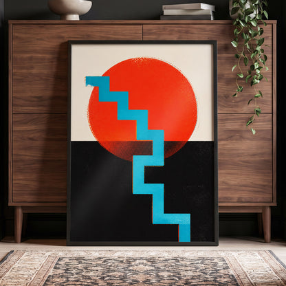 Electric Sunset Steps, red, blue, black abstract wall art displayed in a styled interior, gallery view 5