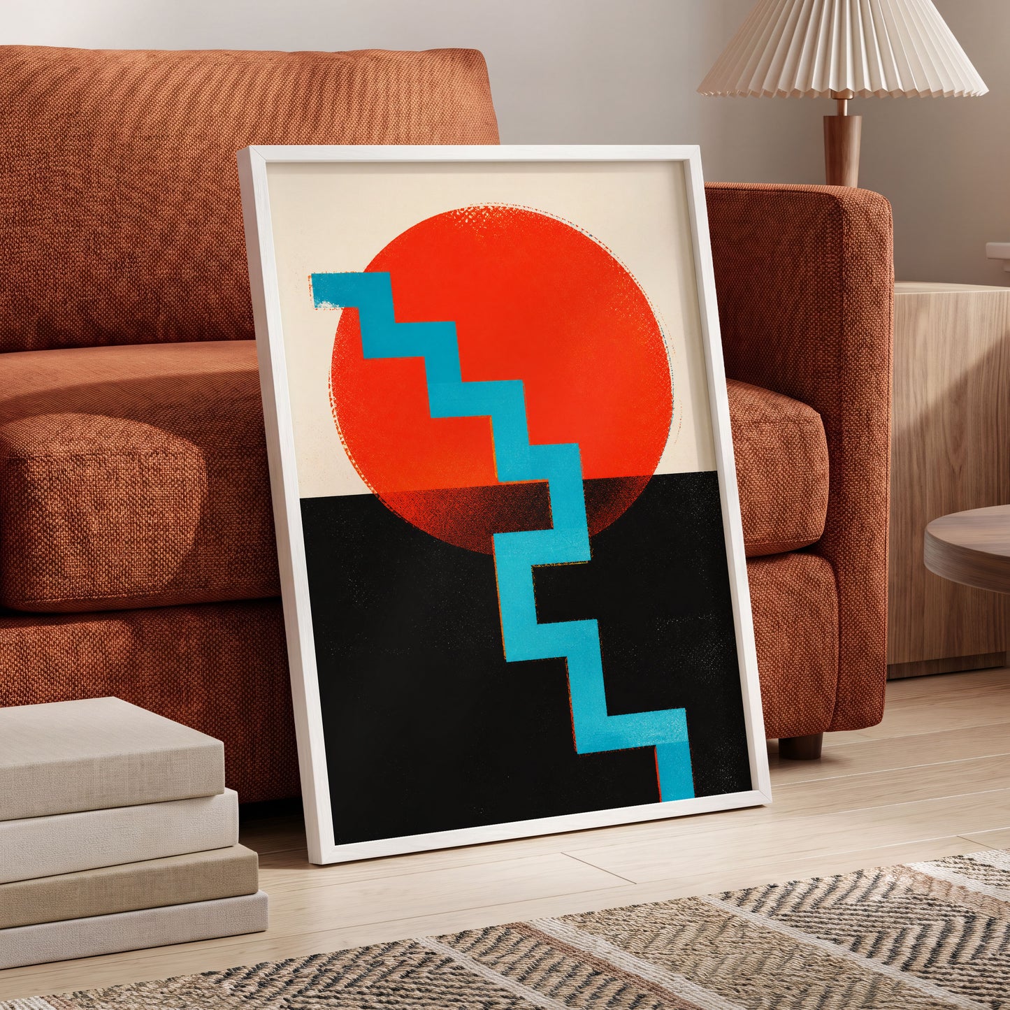 Electric Sunset Steps, red, blue, black abstract wall art displayed in a styled interior, gallery view 6