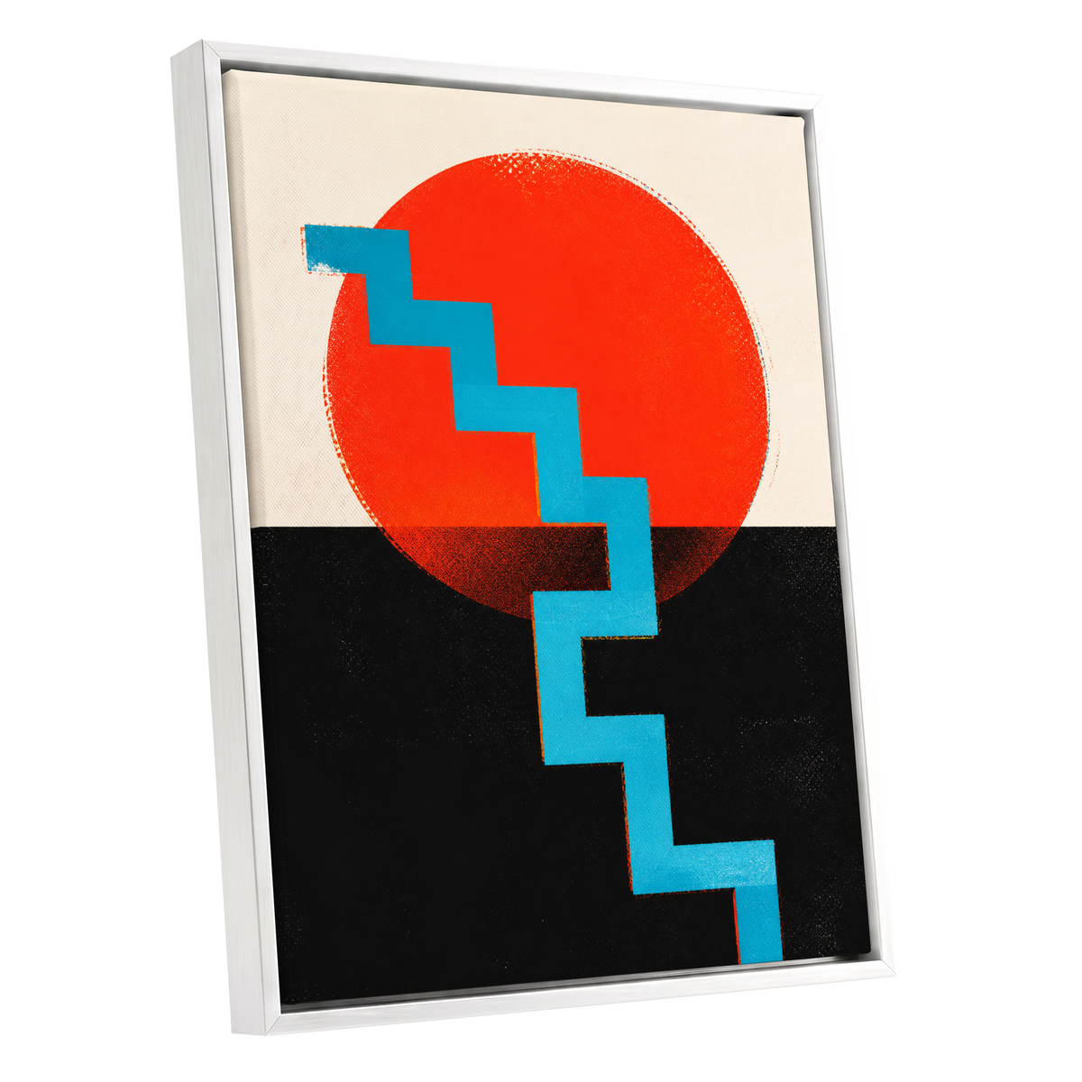 Electric Sunset Steps, red, blue, black abstract wall art shown as a white framed canvas wall art
