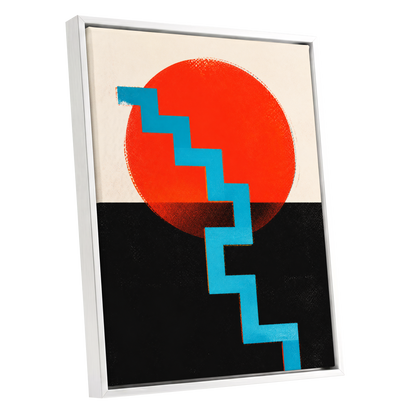 Electric Sunset Steps, red, blue, black abstract wall art shown as a white framed canvas wall art