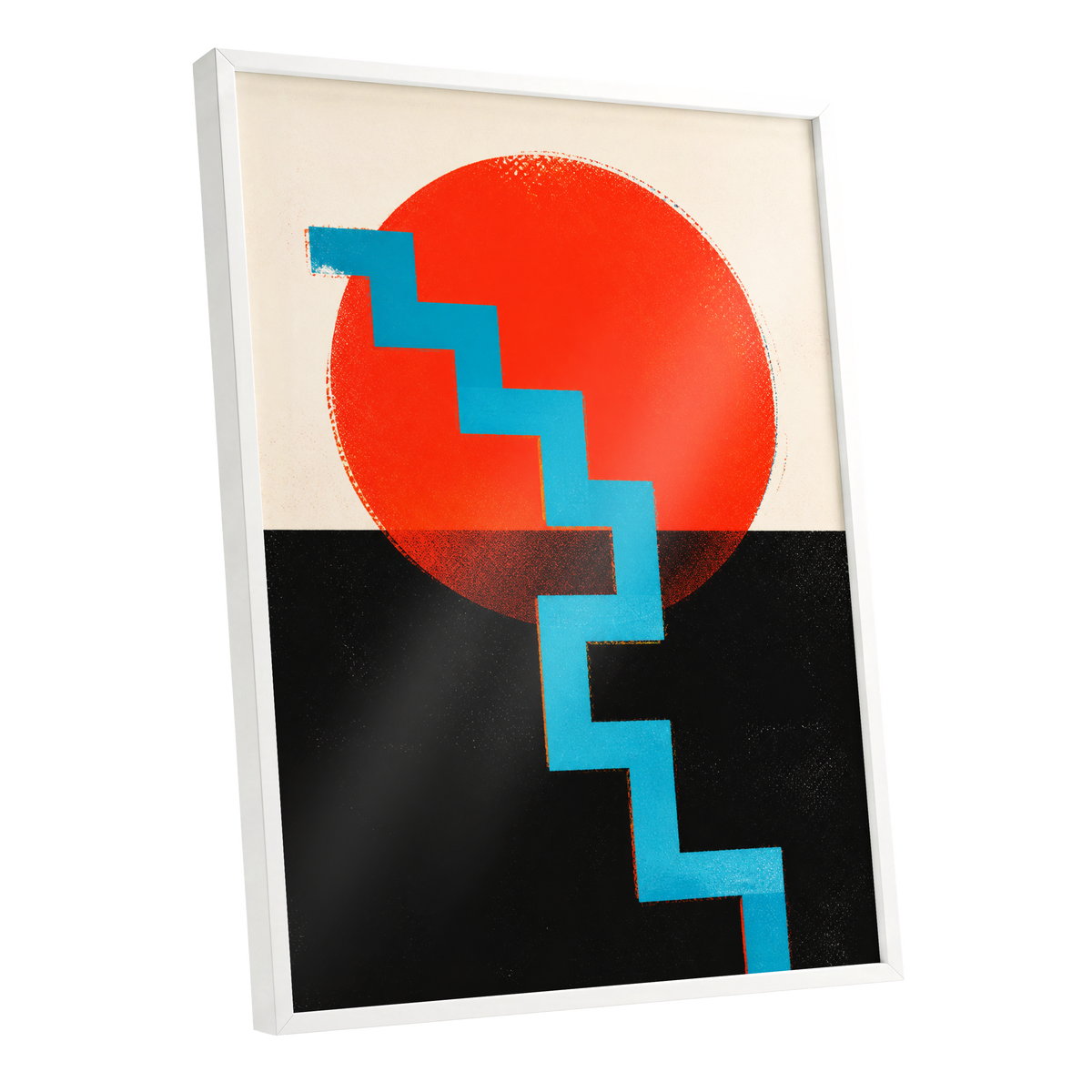 Electric Sunset Steps, red, blue, black abstract wall art shown as a white framed poster wall art print