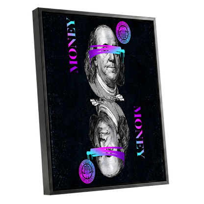 Electric Tender, black, pink, blue abstract wall art shown as a black framed canvas wall art