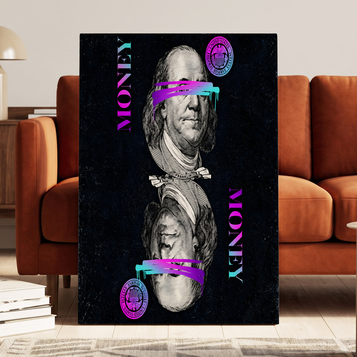 Electric Tender, black, pink, blue abstract wall art on canvas displayed in a styled interior, gallery view 1