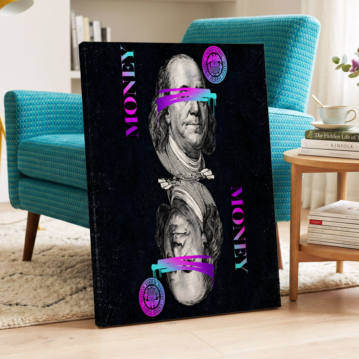 Electric Tender, black, pink, blue abstract wall art on canvas displayed in a styled interior, gallery view 2