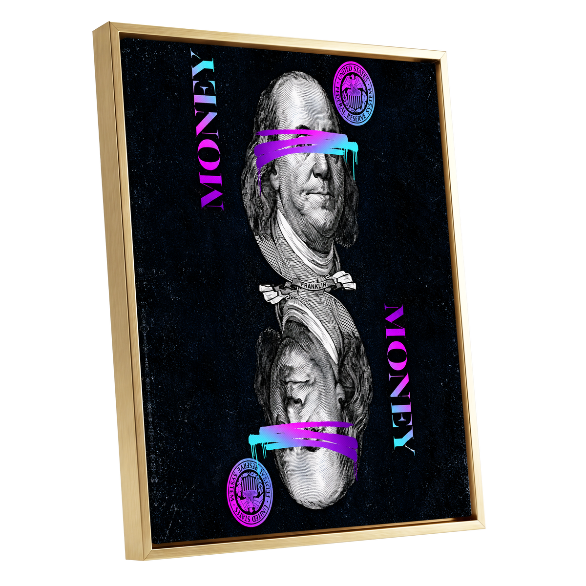 Electric Tender, black, pink, blue abstract wall art shown as a gold framed canvas wall art