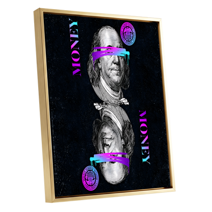Electric Tender, black, pink, blue abstract wall art shown as a gold framed canvas wall art