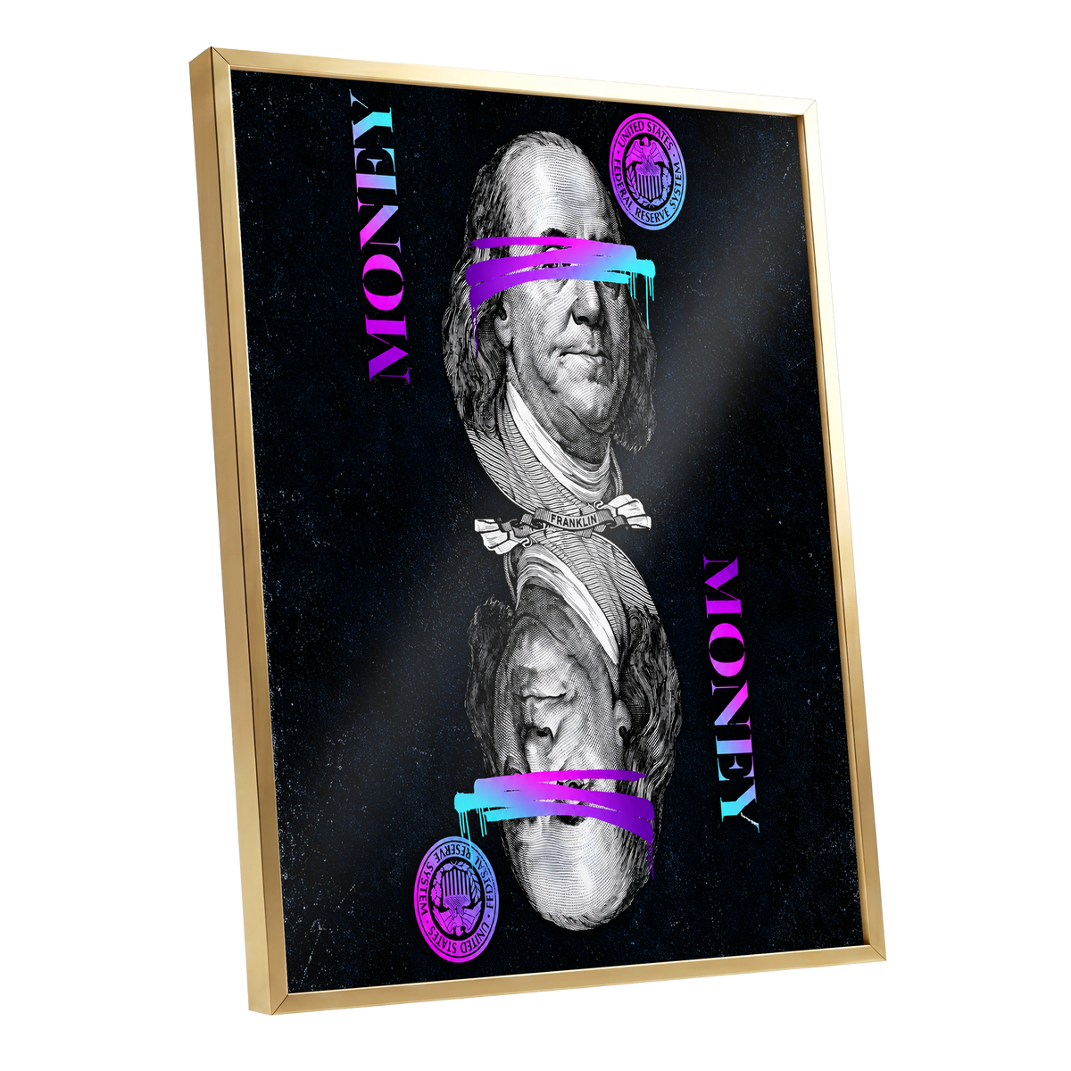 Electric Tender, black, pink, blue abstract wall art shown as a gold framed poster wall art print