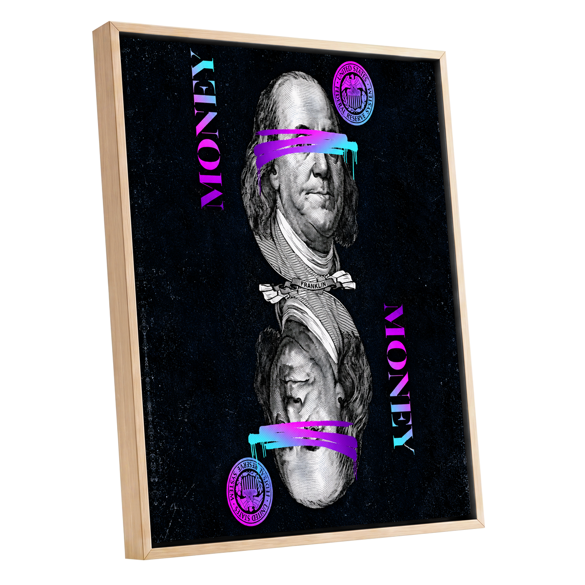 Electric Tender, black, pink, blue abstract wall art shown as a oak framed canvas wall art
