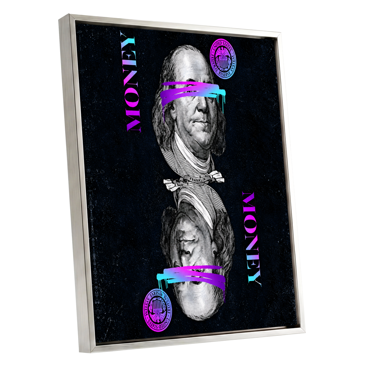 Electric Tender, black, pink, blue abstract wall art shown as a silver framed canvas wall art