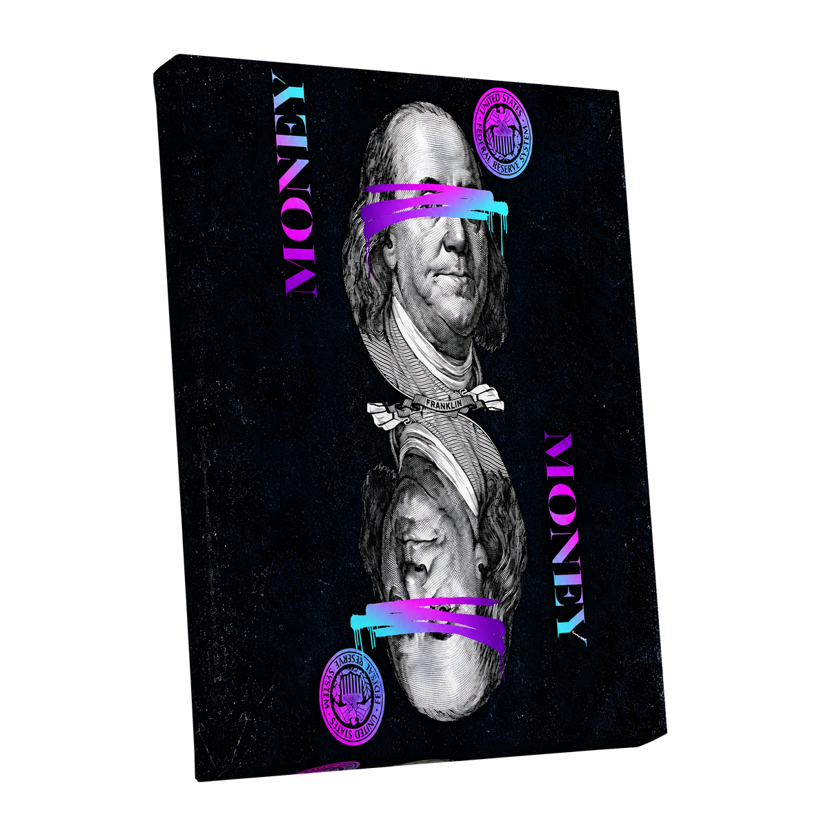 Electric Tender, black, pink, blue abstract wall art shown as a stretched canvas wall art