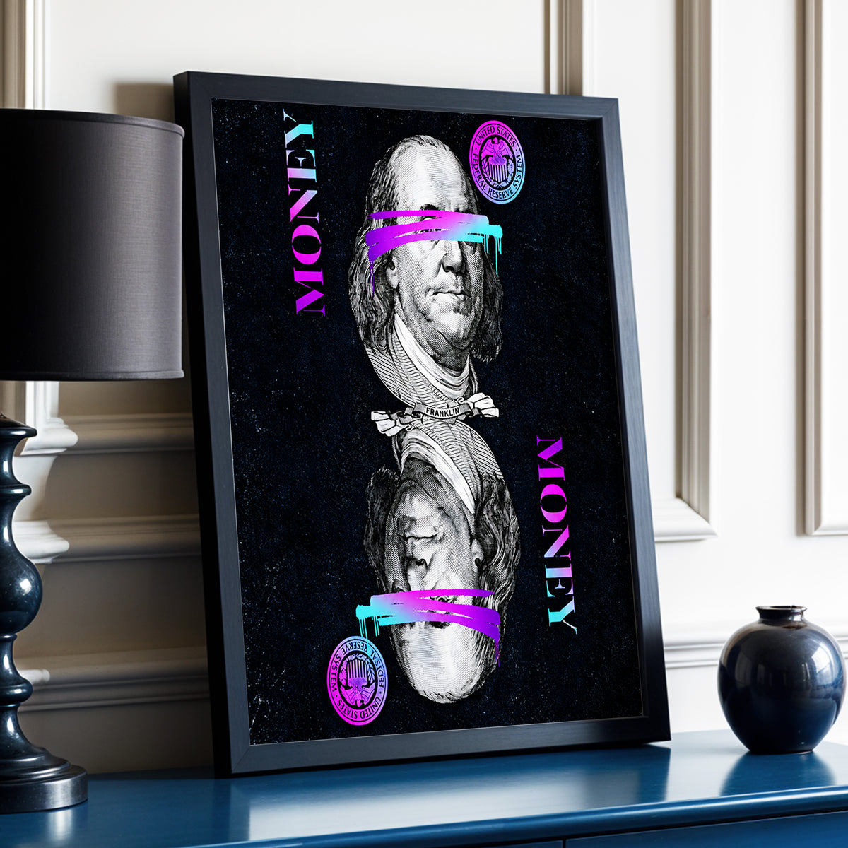 Electric Tender, black, pink, blue abstract wall art displayed in a styled interior, gallery view 3