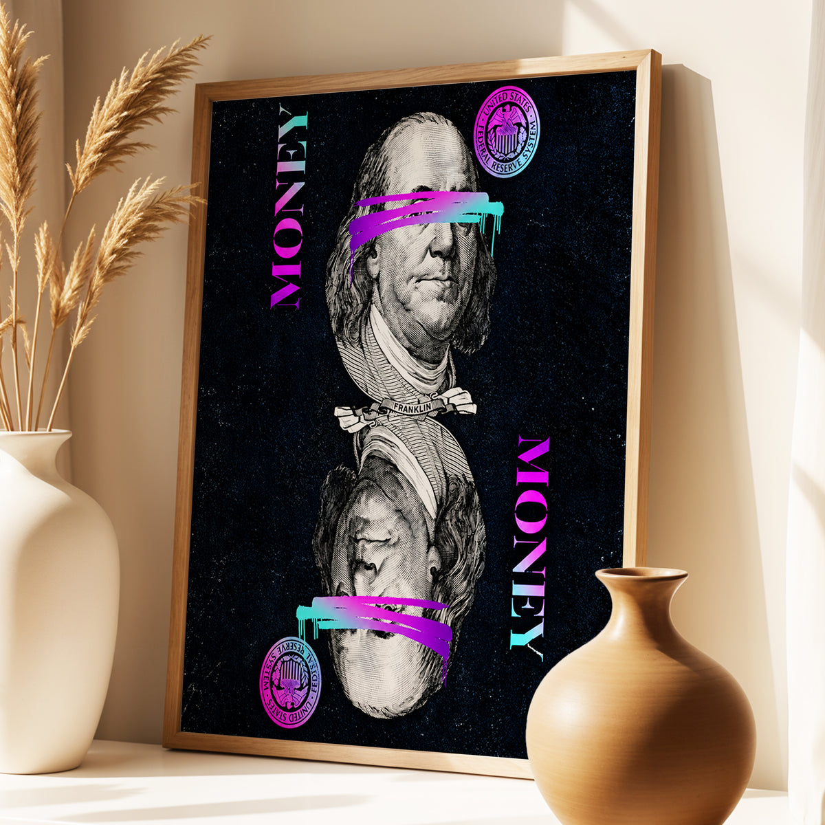 Electric Tender, black, pink, blue abstract wall art displayed in a styled interior, gallery view 4