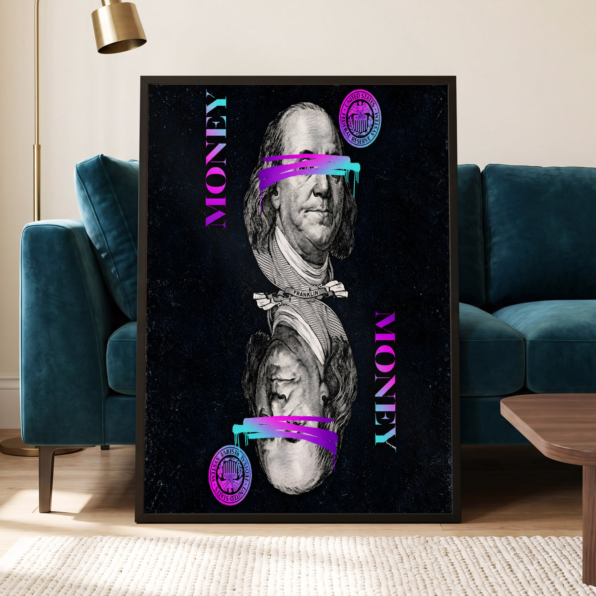 Electric Tender, black, pink, blue abstract wall art displayed in a styled interior, gallery view 5