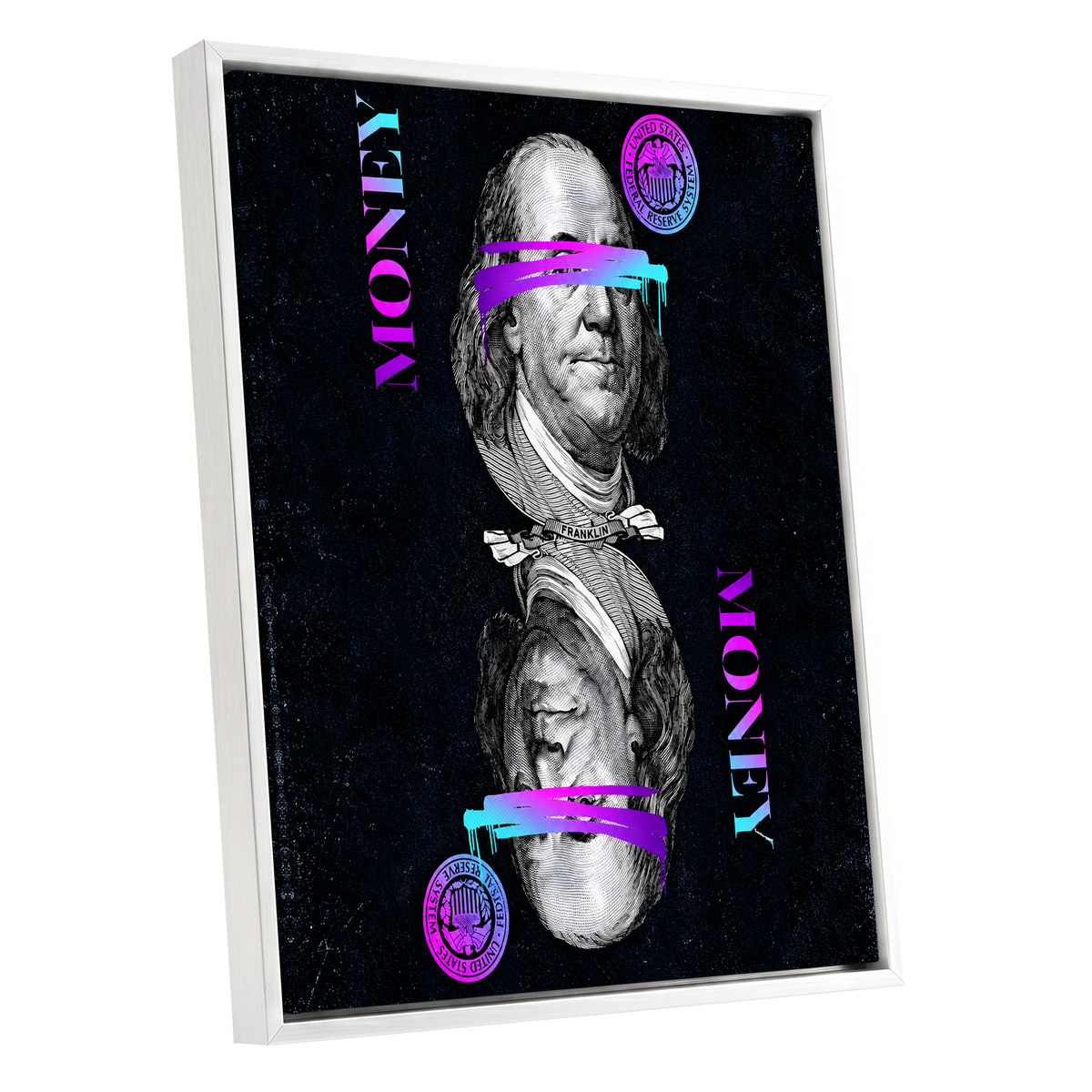 Electric Tender, black, pink, blue abstract wall art shown as a white framed canvas wall art