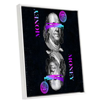 Electric Tender, black, pink, blue abstract wall art shown as a white framed canvas wall art