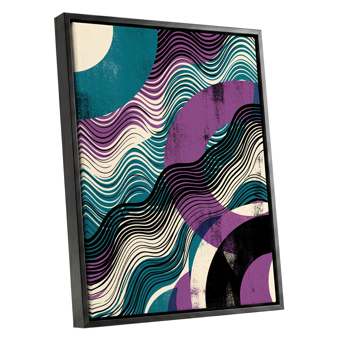 Electric Tides, black, blue, purple abstract wall art shown as a black framed canvas wall art