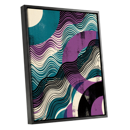 Electric Tides, black, blue, purple abstract wall art shown as a black framed canvas wall art