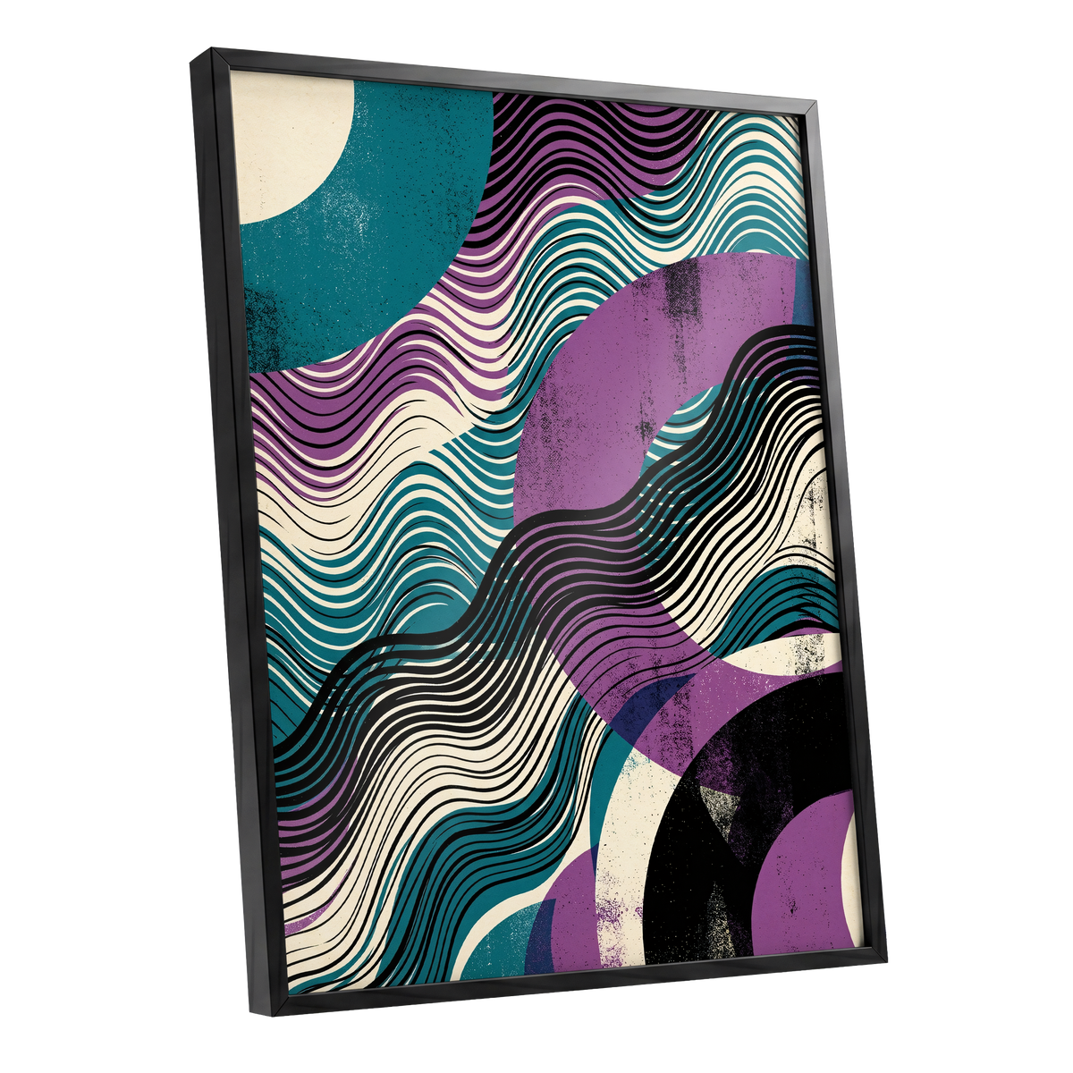 Electric Tides, black, blue, purple abstract wall art shown as a black framed poster wall art print