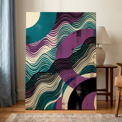 Electric Tides, black, blue, purple abstract wall art on canvas displayed in a styled interior, gallery view 1