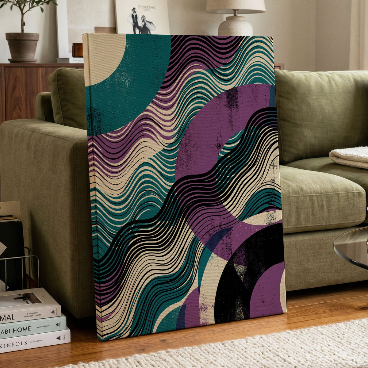 Electric Tides, black, blue, purple abstract wall art on canvas displayed in a styled interior, gallery view 2
