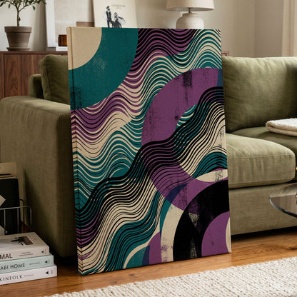 Electric Tides, black, blue, purple abstract wall art on canvas displayed in a styled interior, gallery view 2