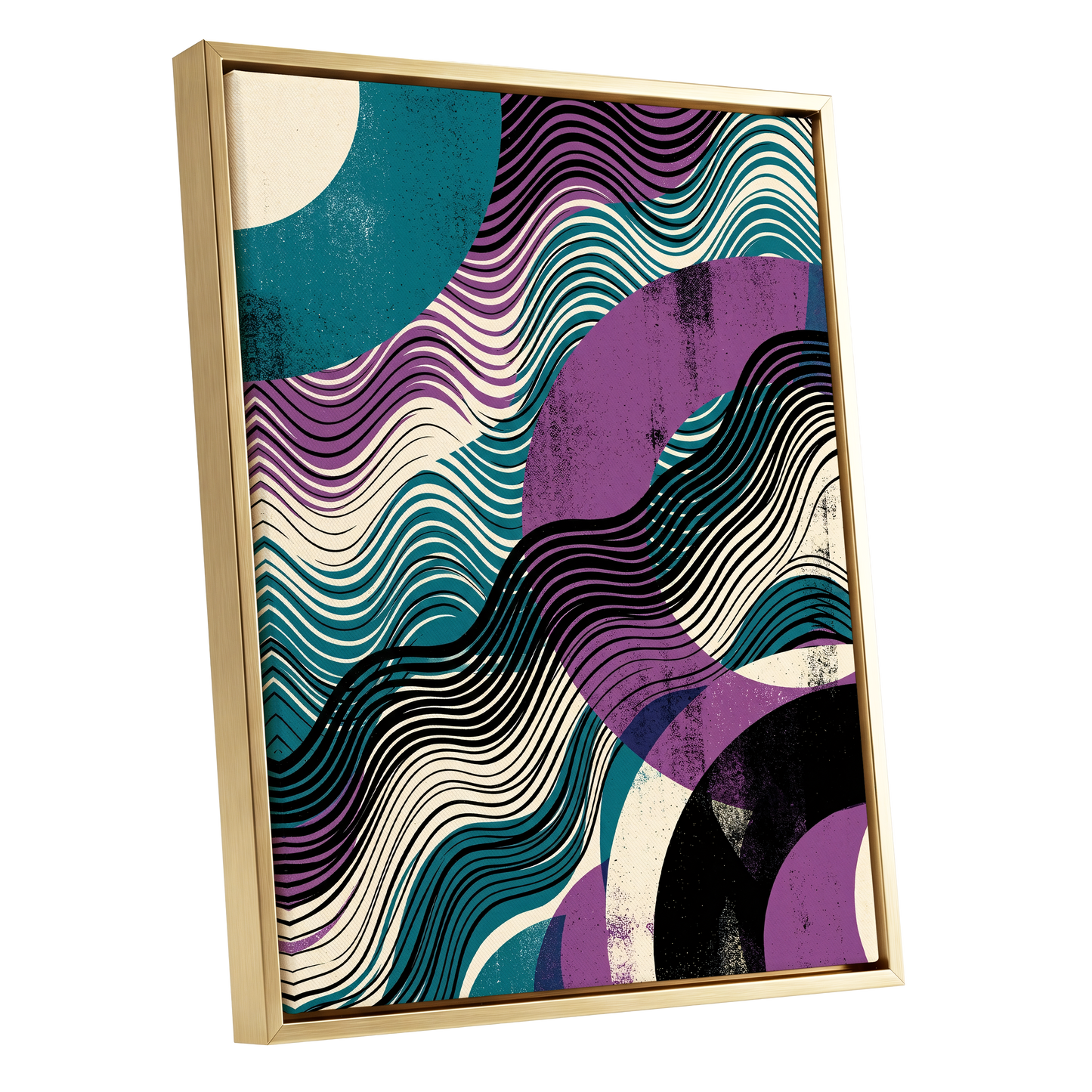 Electric Tides, black, blue, purple abstract wall art shown as a gold framed canvas wall art