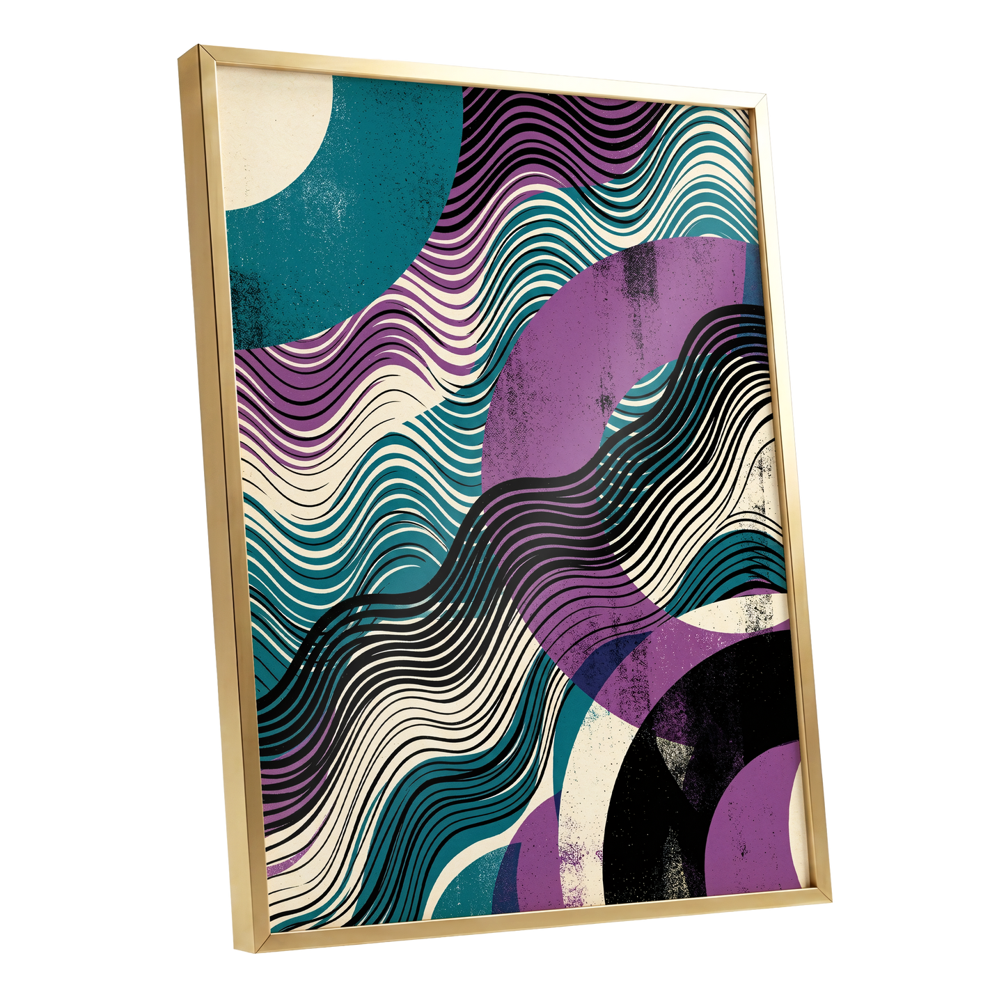 Electric Tides, black, blue, purple abstract wall art shown as a gold framed poster wall art print
