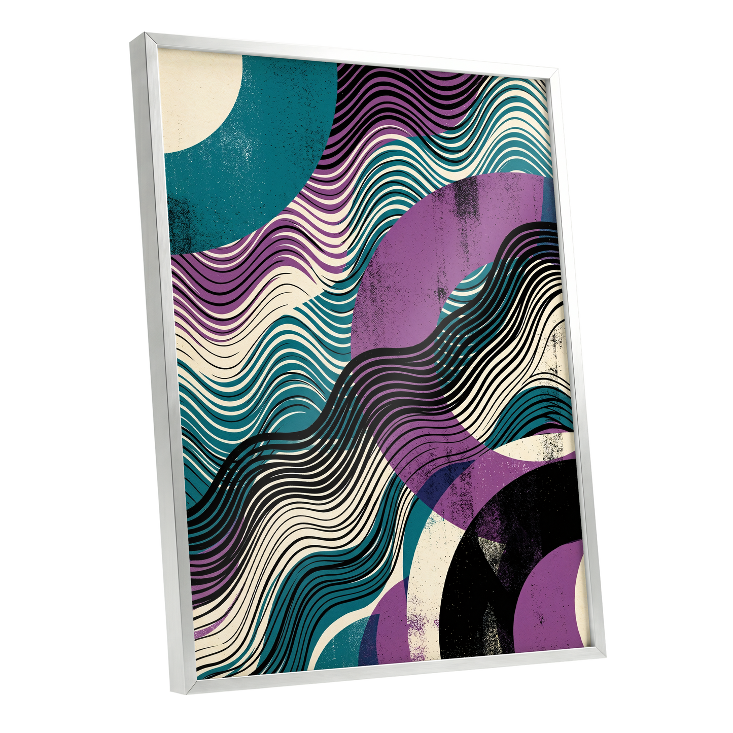 Electric Tides, black, blue, purple abstract wall art shown as a silver framed poster wall art print