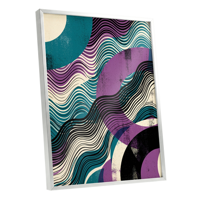 Electric Tides, black, blue, purple abstract wall art shown as a silver framed poster wall art print