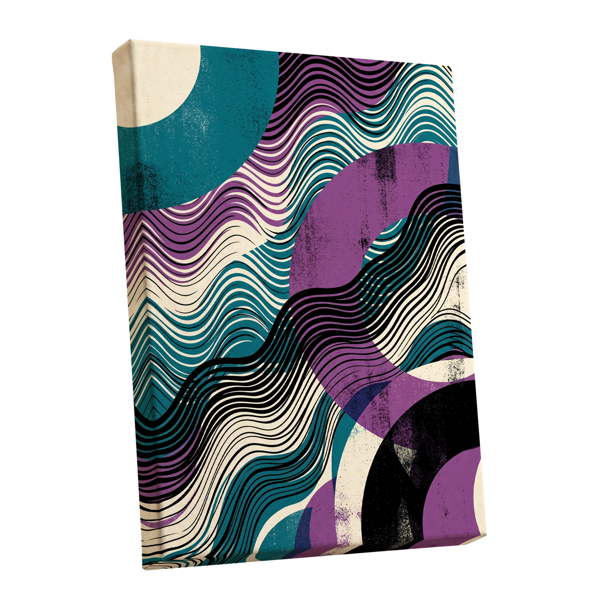 Electric Tides, black, blue, purple abstract wall art shown as a stretched canvas wall art