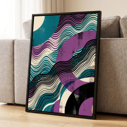 Electric Tides, black, blue, purple abstract wall art displayed in a styled interior, gallery view 1