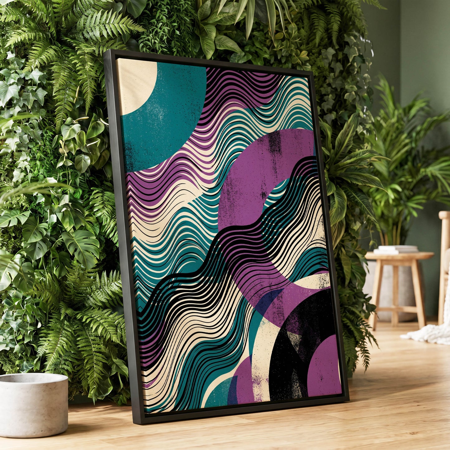 Electric Tides, black, blue, purple abstract wall art displayed in a styled interior, gallery view 2