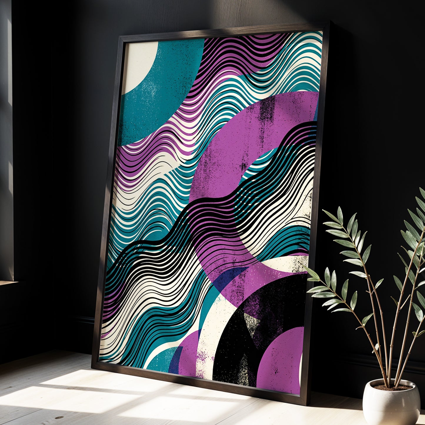 Electric Tides, black, blue, purple abstract wall art displayed in a styled interior, gallery view 3