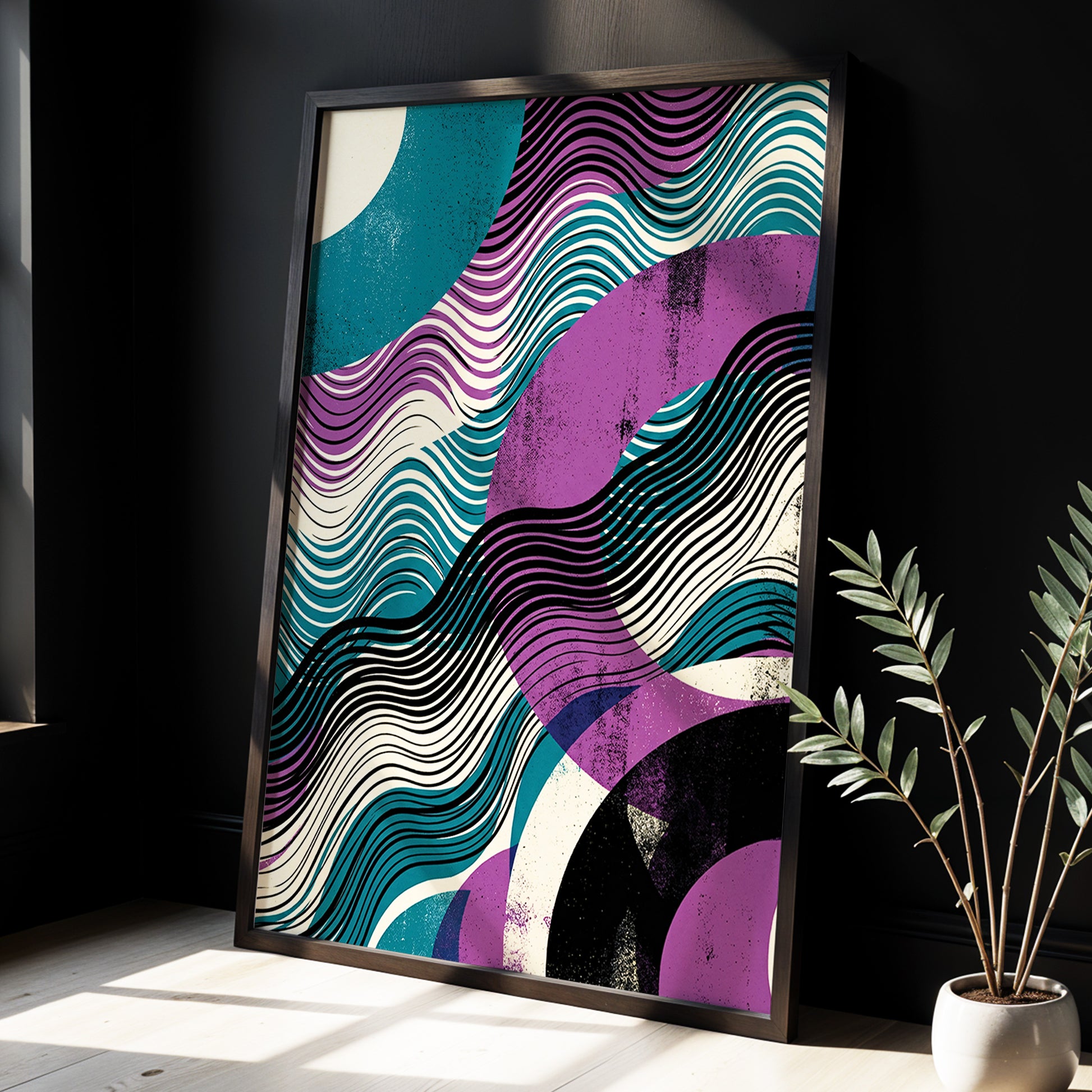 Electric Tides, black, blue, purple abstract wall art displayed in a styled interior, gallery view 3