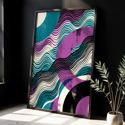 Electric Tides, black, blue, purple abstract wall art displayed in a styled interior, gallery view 3