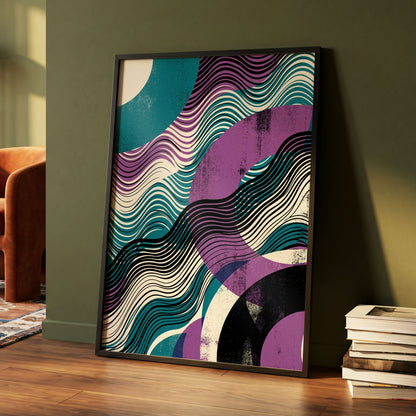 Electric Tides, black, blue, purple abstract wall art displayed in a styled interior, gallery view 5