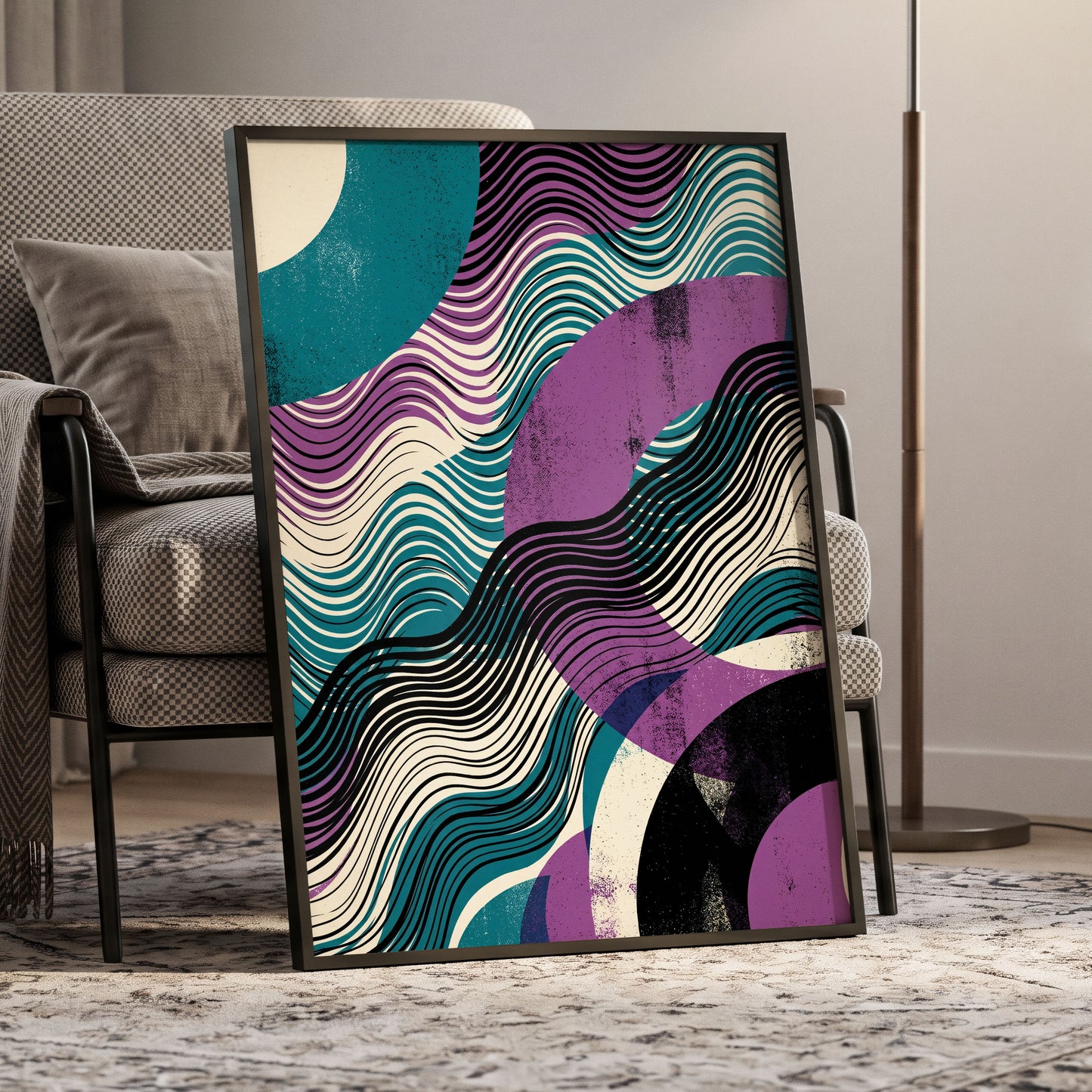 Electric Tides, black, blue, purple abstract wall art displayed in a styled interior, gallery view 6