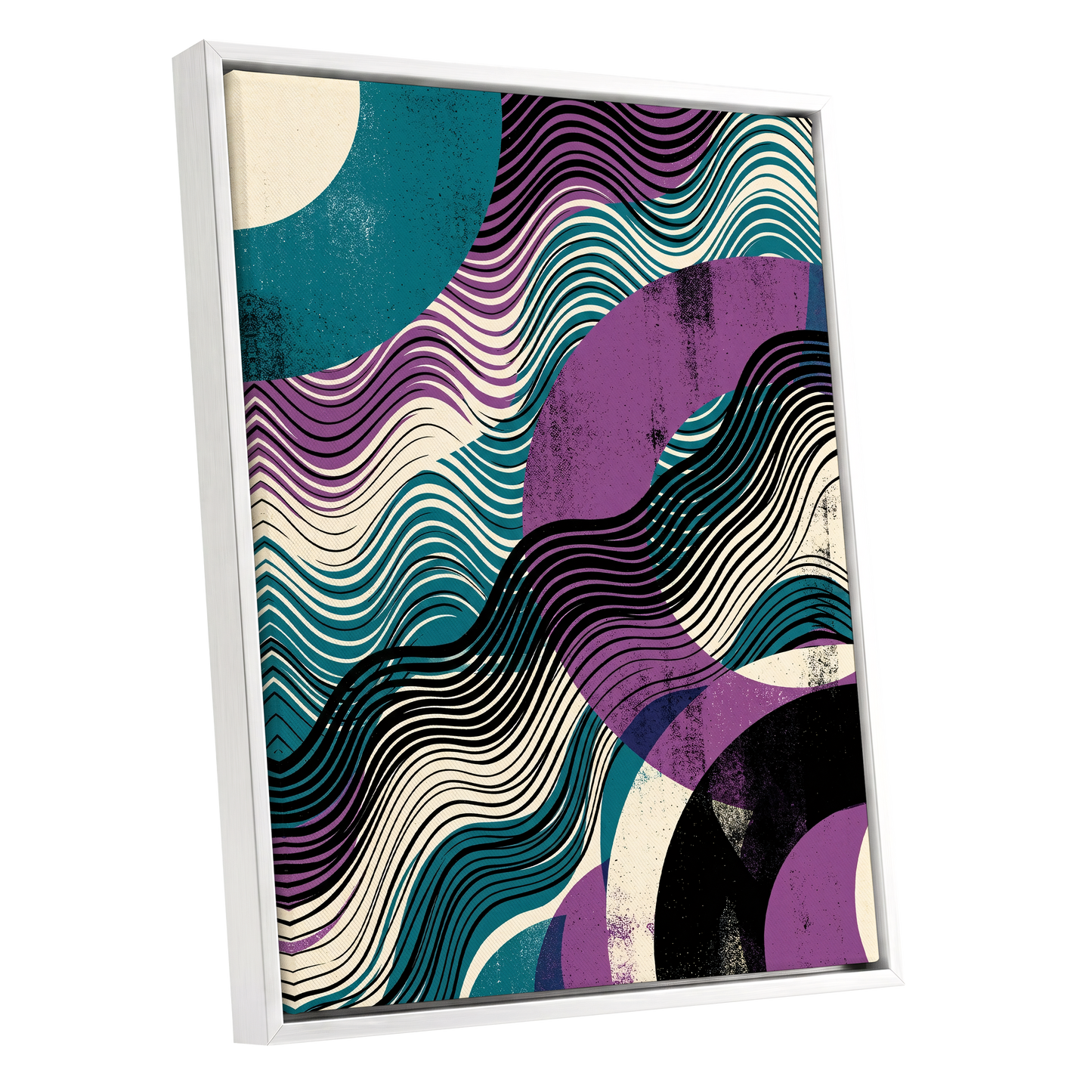 Electric Tides, black, blue, purple abstract wall art shown as a white framed canvas wall art