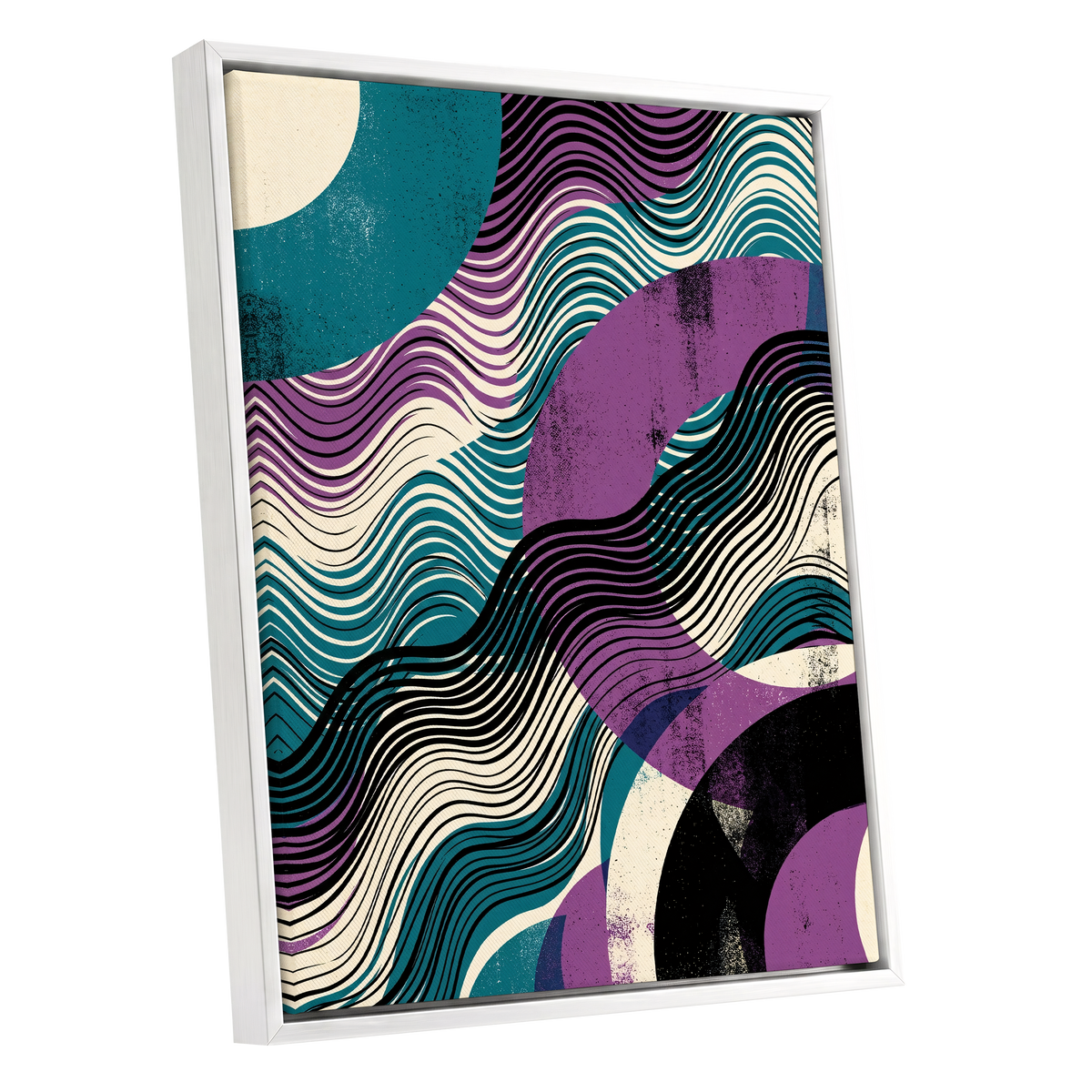 Electric Tides, black, blue, purple abstract wall art shown as a white framed canvas wall art
